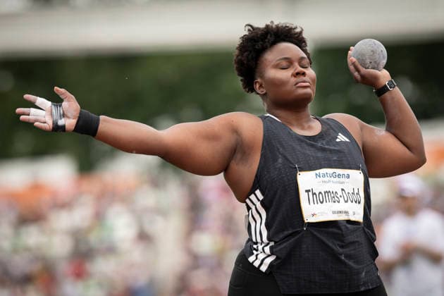 DRESDEN , GERMANY - MAY 31: Danniel Thomas-Dodd (JAM Jamaica) competes in the women’s shot put during the Golden Oval Continental Tour Silver meeting on May 31, 2026 at Heinz-Steyer-Stadion in Dresden, Saxony, Germany. Saxony Germany Copyright: xAxelxKohringx