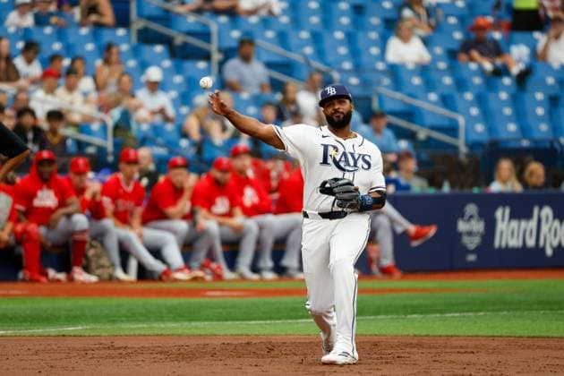 May 31, 2026, St. Petersburg, Florida, USA: Tampa Bay Rays third baseman Junior Caminero (13) fields a ground ball hit by Los Angeles Angels right fielder Jo Adell (7) and throws him out at first base during the second inning at Tropicana Field on Sunday, May 31, 2026, in St. Petersburg. St. Petersburg USA - ZUMAs70_ 20260531_zan_s70_019 Copyright: xJeffereexWoox