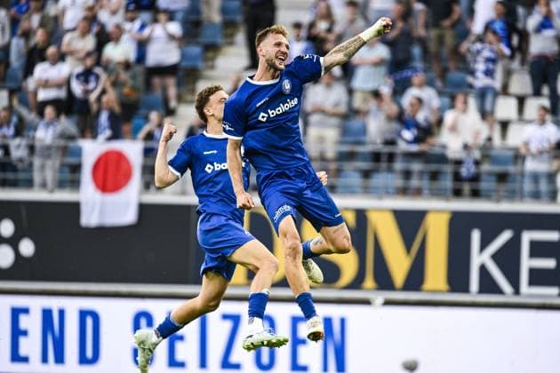 Gent s Siebe Van der Heyden celebrates after winning a soccer match between KAA Gent and Racing Genk, Sunday 31 May 2026 in Gent, an European Play-off game of the 2025-2026 Jupiler Pro League first division of the Belgian championship. TOM GOYVAERTS TomxGoyvaerts  x175568200x