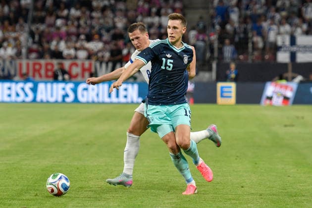 v. li. im Zweikampf Robin Lod (Finland 8) Nico Schlotterbeck (Germany 15) 31.05.2026 ¢ Fussball ¢ WM-Test ¢ Deutschland vs Finnland, MEWA Arena, Mainz, Rheinland-Pfalz Germany