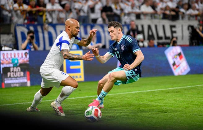 (l-r) Nikolai Alho (FIN), Florian Wirtz (GER), Aktion, Zweikampf. Fussball Länderspiel, Deutschland (GER) - Finnland (FIN) am 31.05.2026 in Mainz Deutschland. Mewa Arena