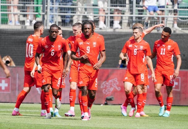 31.05.2026 Schweiz St.Gallen Fussball -2026 Laenderspiel Schweiz - Jordanien. 4.1 Bild. 6 Denis Zakaria,Johan Manzambi,Remo Freuler,Dan Endoye SUI Aktion