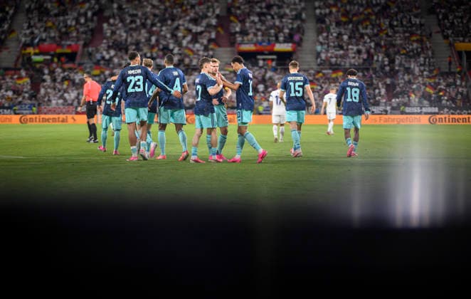 Jubel GER um Jamal Musiala (GER) nach seinem Tor zum 4:0, (r-l) Jamal Musiala (GER), Joshua Kimmich (GER), Florian Wirtz (GER) Fussball Länderspiel, Deutschland (GER) - Finnland (FIN) am 31.05.2026 in Mainz Deutschland. Mewa Arena