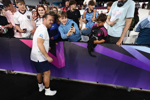 London, England, 31st May 2026. Danny Dyer of England interacts with the fans after the England vs Soccer Aid World XI UNICEF Soccer Aid match at the London Stadium, London. Picture credit should read: Jake Youle Sportimage EDITORIAL USE ONLY. No use with unauthorised audio, video, data, fixture lists, club league logos or live services. Online in-match use limited to 120 images, no video emulation. No use in betting, games or single club league player publications. SPI_035_England_World_XI SPI-4829-0039