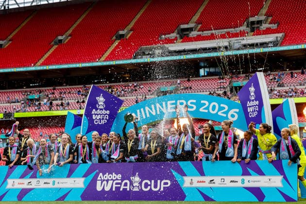 Brighton and Hove Albion Women v Manchester City Women, Women s FA Cup, Cup Final Manchester Women hold aloft FA Cup after the Women s FA Cup Final match between Brighton and Hove Albion Women and Manchester City Women at Wembley Stadium, London, UK on 31 May 2026. London Wembley Stadium Greater London UK Editorial use only , Copyright: xManjitxNarotrax PSI-24342-0075