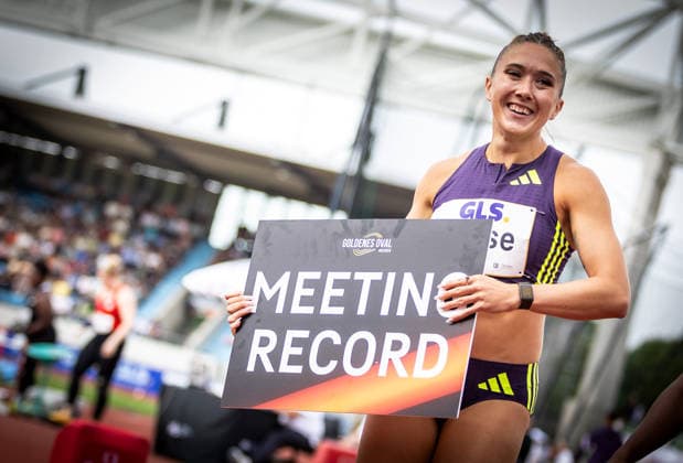 Goldenes Oval; Dresden, 31.05.2026 Hatte kurzzeitig nach dem 100m-Vorlauf der Frauen den Meetingrekord inne: Rebekka Haase (GER Germany); Leichtathletik-Meeting Goldenes Oval am 31.05.2026 im Heinz-Steyer-Stadion in Dresden (Sachsen). Copyright: xBEAUTIFULxSPORTS R.xSchmittx