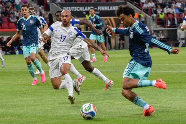 v. li. im Zweikampf Nikolai Alho (Finland 17) Nathaniel Brown (Germany 18) 31.05.2026 ¢ Fussball ¢ WM-Test ¢ Deutschland vs Finnland, MEWA Arena, Mainz, Rheinland-Pfalz Germany
