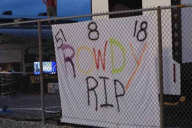 NASHVILLE, TN - MAY 31: Race fans display a banner in honor of the late Kyle Busch in turn 1 during the running of the NASCAR, Motorsport, USA Cup Series Cracker Barrel 400 on May 31, 2026 at Nashville Superspeedway in Lebanon, TN. (Photo by Jeff Robinson Icon Sportswire) AUTO: MAY 31 NASCAR Cup Series Cracker Barrel 400 EDITORIAL USE ONLY Icon26053121345400