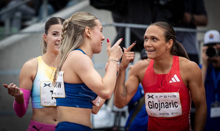 Goldenes Oval; Dresden, 31.05.2026 Können es beide kaum glauben: Die beiden Hürdensprinterinnen Lia Flotow (GER Germany) und Nika Glojnaric (SLO Slovenia) laufen jeweils eine persönliche bzw. Saisonbestzeit; Leichtathletik-Meeting Goldenes Oval am 31.05.2026 im Heinz-Steyer-Stadion in Dresden (Sachsen). Copyright: xBEAUTIFULxSPORTS R.xSchmittx