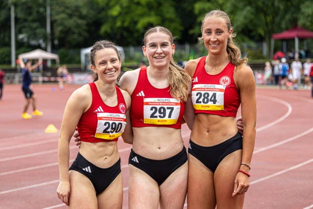 Hessische Meisterschaften Aktive; Darmstadt, 31.05.2026 Die Medaillengewinner des 100m-Hürdenlaufs, v.l.n.r. Stephanie Kleiber, Lilly Müller und Sara Hamin (alle Eintracht Frankfurt e.V.); Hessische Meisterschaften Aktive in der Bürgerparkstadion in Darmstadt am 31.05.2026, (Hessen). Copyright: xBEAUTIFULxSPORTS KJPetersx