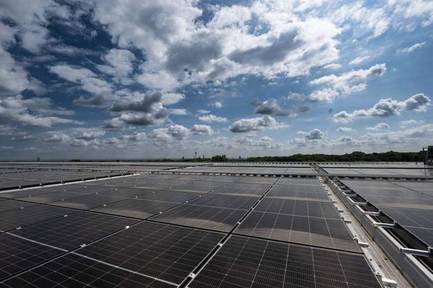 Pressetermin Photovoltaik-Anlage auf dem RheinEnergieSTADION mit Stephan Segbers (Vertriebsvorstand RheinEnergie), Lutz Wingerath (Geschäftsführer Kölner Sportstätten) und Jörn Stobbe (Präsident 1. FC Köln), 01.06.2026 Köln Nordrhein-Westfalen Deutschland