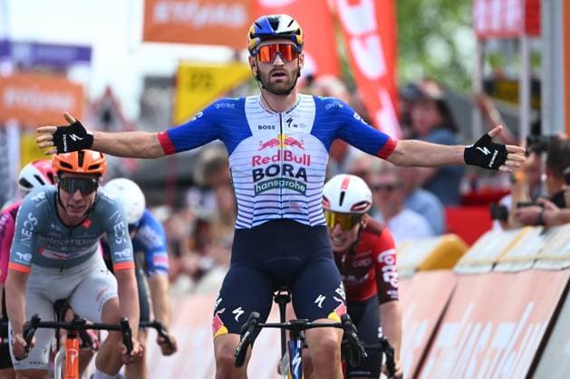 Tour de Wallonie 2026 Stage 1 LOBBES, BELGIUM - JUNE 01 : Meeus Jordi (BEL) of Red Bull BORA Hansgrohe wins the stage in a massive bunch sprint during stage 1 of the 47th edition of Ethias Tour de Wallonie an UCI ProSeries 2.Pro cycling road race stage for Men Elite of 180.7 km with start in Manage and finish in Lobbes on June 1, 2026 in Lobbes, Belgium, 01 06 2026 ( Motordriver Pieter Van Herzele - Lobbes Belgium  Copyright: xVincentxKalutx