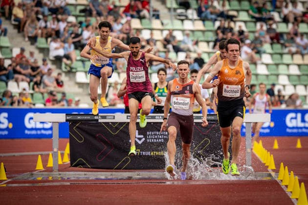 DRESDEN , GERMANY - MAY 31: Ala Zoghlami (ITA Italy), Karl Bebendorf (GER Germany), Niklas Buchholz (GER Germany) competing in the men’s 2000m steeplechase during the Golden Oval Continental Tour Silver meeting on May 31, 2026 at Heinz-Steyer-Stadion in Dresden, Saxony, Germany. Saxony Germany Copyright: xAxelxKohringx