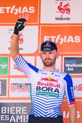 Belgian Jordi Meeus of Red Bull-BORA-hansgrohe pictured on the podium after the first stage of the Tour De Wallonie cycling race, 180,7 km from Manage to Lobbes, on Monday 01 June 2026. DAVIDxPINTENS  x175647540x
