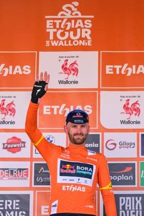 Belgian Jordi Meeus of Red Bull-BORA-hansgrohe pictured on the podium after the first stage of the Tour De Wallonie cycling race, 180,7 km from Manage to Lobbes, on Monday 01 June 2026. DAVIDxPINTENS  x175647550x