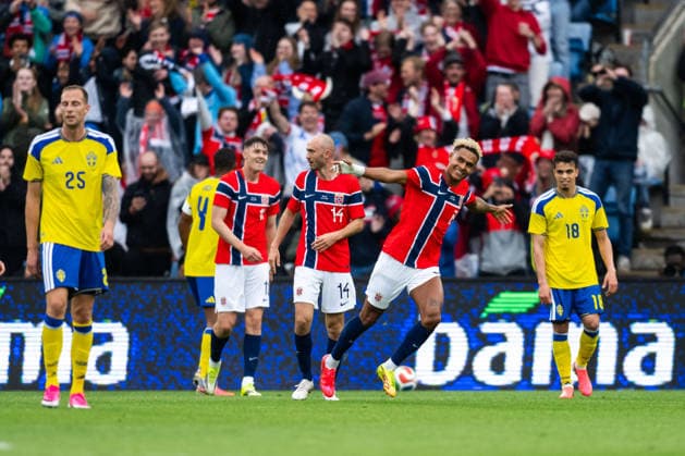 260601 Antonio Nusa of Norway celebrates after 2-0 during the International Friendly, Länderspiel, Nationalmannschaft football match between Norway and Sweden on June 1, 2026 in Oslo. Photo: Marius Simensen BILDBYRAN COP 238 JM0820 bbeng fotboll football soccer fotball träningslandskamp privatlandskamp landskamp international friendly norge norway sverige sweden sverige a jubel Copyright: MARIUSxSIMENSEN BB260601BB758
