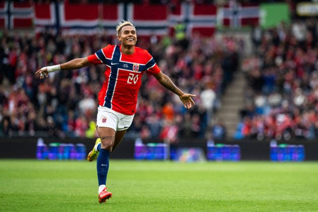 260601 Antonio Nusa of Norway celebrates after 2-0 during the International Friendly, Länderspiel, Nationalmannschaft football match between Norway and Sweden on June 1, 2026 in Oslo. Photo: Joel Marklund BILDBYRAN kod JM JM0820 bbeng fotboll football soccer fotball träningslandskamp privatlandskamp landskamp international friendly norge norway sverige sweden sverige a jubel Copyright: JOELxMARKLUND BB260601JM054