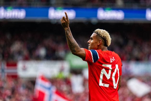 260601 Antonio Nusa of Norway celebrates after 2-0 during the International Friendly, Länderspiel, Nationalmannschaft football match between Norway and Sweden on June 1, 2026 in Oslo. Photo: Joel Marklund BILDBYRAN kod JM JM0820 bbeng fotboll football soccer fotball träningslandskamp privatlandskamp landskamp international friendly norge norway sverige sweden sverige a jubel Copyright: JOELxMARKLUND BB260601JM057