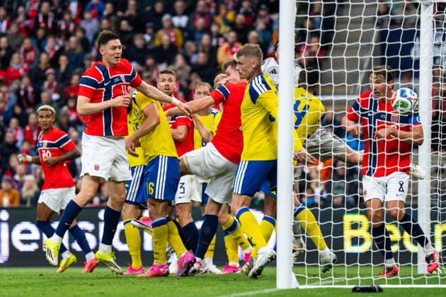 260601 Jorgen Strand Larsen of Norway scores 3-0 during the International Friendly, Länderspiel, Nationalmannschaft football match between Norway and Sweden on June 1, 2026 in Oslo. Photo: Joel Marklund BILDBYRAN kod JM JM0820 bbeng fotboll football soccer fotball träningslandskamp privatlandskamp landskamp international friendly norge norway sverige sweden sverige a Copyright: JOELxMARKLUND BB260601JM077