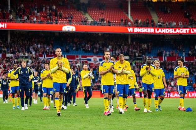 260601 Gustaf Nilsson, Benjamin Nygren, Herman Johansson, Ken Sema, Sebastian Nanasi and Besfort Zeneli of Sweden look dejected after the International Friendly, Länderspiel, Nationalmannschaft football match between Norway and Sweden on June 1, 2026 in Oslo. Photo: Joel Marklund BILDBYRAN kod JM JM0820 bbeng fotboll football soccer fotball träningslandskamp privatlandskamp landskamp international friendly norge norway sverige sweden sverige a depp Copyright: JOELxMARKLUND BB260601JM135
