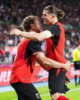 SOCCER - AUT vs TUN, test match VIENNA,AUSTRIA,01.JUN.26 - SOCCER - OEFB international test match, Austria vs Tunisia. Image shows the rejoicing of Stefan Posch and Marcel Sabitzer (AUT).  GEPAxpictures xArminxRauthner