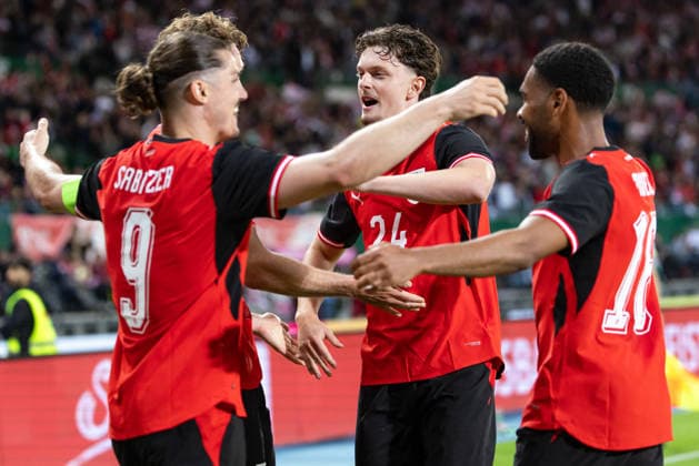 SOCCER - AUT vs TUN, test match VIENNA,AUSTRIA,01.JUN.26 - SOCCER - OEFB international test match, Austria vs Tunisia. Image shows the rejoicing of Marcel Sabitzer, Stefan Posch, Paul Wanner and Phillipp Mwene (AUT).  GEPAxpictures xArminxRauthner