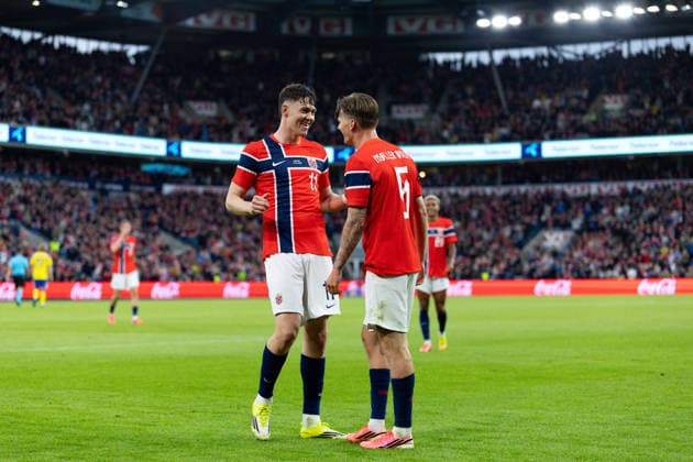 OSLO, NORWAY - JUNE 01: David Moller Wolfe of Norway celebrates after scoring before it got cancelled by VAR during the International Friendly, Länderspiel, Nationalmannschaft match between Norway and Sweden at Ullevaal Stadium on June 01, 2026 in Oslo, Norway. (Photo by Ane Frosaker Sports Press Photo)  Copyright: xAnexFrosakerx xSPPx Sportspressphoto_SPR159578