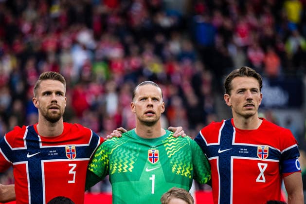 260601 Kristoffer Ajer, goalkeeper orjan Nyland and Sander Berge of Norway ahead of the International Friendly, Länderspiel, Nationalmannschaft football match between Norway and Sweden on June 1, 2026 in Oslo. Photo: Marius Simensen BILDBYRAN COP 238 JM0820 bbeng football fotball fotboll international friendly landskamp norge norway privatlandskamp soccer sverige sverige a sweden träningslandskamp Copyright: MARIUSxSIMENSEN BB260601ZB007