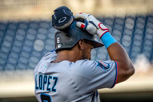 Miami Marlins short-stop Otto Lopez (6) reacts at third base in the top of the first inning during a game against the Washington Nationals at Nationals Park in Washington, DC on Monday, June 1, 2026.  WAP20260601402 BONNIExCASH