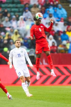 June 1, 2026, Edmonton, Ab, CANADA: Canada s Ismael Kone (8) heads the ball as Uzbekistan s Oston Urunov (11) looks on during first half World Cup Friendly soccer action in Edmonton on Monday, June 1, 2026. Canada News - June 1, 2026  - ZUMAc35_ 20260601_zaf_c35_081 Copyright: xCodiexMclachlanx