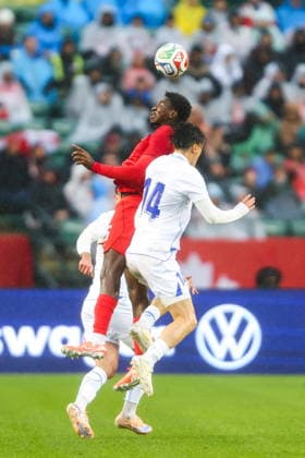 June 1, 2026, Edmonton, Ab, CANADA: Canada s Moise Bombito (15) heads the ball as Uzbekistan s Eldor Shomurodov (14) battles during first half World Cup Friendly soccer action in Edmonton on Monday, June 1, 2026. Canada News - June 1, 2026  - ZUMAc35_ 20260601_zaf_c35_085 Copyright: xCodiexMclachlanx