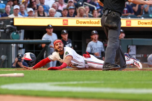 June 1st, 2026: Minnesota Twins right fielder Austin Martin (16) dives into home plate to score on a sac fly in the fifth inning of a MLB, Baseball Herren, USA Baseball game between the Chicago White Sox and the Minnesota Twins at Target Field in Minneapolis, Minnesota. CSM Minneapolis USA - ZUMAc04_ 20260601_zma_c04_062 Copyright: xStevenxGarciax