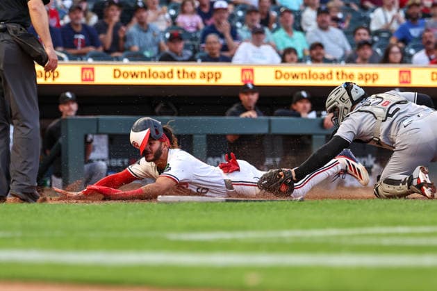 June 1st, 2026: Minnesota Twins right fielder Austin Martin (16) dives into home plate to score on a sac fly in the fifth inning of a MLB, Baseball Herren, USA Baseball game between the Chicago White Sox and the Minnesota Twins at Target Field in Minneapolis, Minnesota. CSM Minneapolis USA - ZUMAc04_ 20260601_zma_c04_108 Copyright: xStevenxGarciax