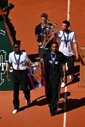 2026 French Open - PSG Players Desire DOUE of PSG, Warren ZAIRE-EMERY of PSG, Ousmane DEMBELE of PSG and Bradley BARCOLA of PSG hold the two UEFA Champions League s trophies at the 2026 Roland Garros French Tennis open tournament in Paris, France, on June 1, 2026. Photo by Corinne Dubreuil ABACAPRESS.COM Paris France  Copyright: xDubreuilxCorinne ABACAx