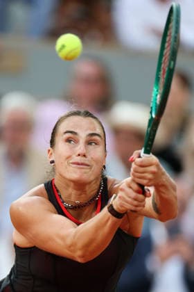 (260602) -- PARIS, June 2, 2026 -- Aryna Sabalenka hits a return during the women s singles 4th round match between Aryna Sabalenka of Belarus and Osaka Naomi of Japan at the French Open tennis tournament at Roland Garros, Paris, France, June 1, 2026. ) (SP)FRANCE-PARIS-TENNIS-FRENCH OPEN-WOMEN S SINGLES-4TH ROUND WuxHuiwo 