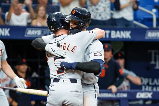 June 1, 2026, St. Petersburg, Florida, USA: Detroit Tigers catcher Dillon Dingler (13) hugs shortstop Kevin McGonigle (7), after he hits a two-run homer off of Tampa Bay Rays pitcher Griffin Jax (22) during the third inning at Tropicana Field on Monday, June 1, 2026, in St. Petersburg. Florida News - June 1, 2026  - ZUMAs70_ 20260601_zan_s70_034 Copyright: xJeffereexWoox