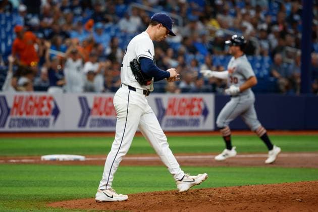 June 1, 2026, St. Petersburg, Florida, USA: Tampa Bay Rays pitcher Griffin Jax (22) walks back to the mound, after Detroit Tigers outfielder Kerry Carpenter (30) hits a solo during the third inning at Tropicana Field on Monday, June 1, 2026, in St. Petersburg. Florida News - June 1, 2026  - ZUMAs70_ 20260601_zan_s70_035 Copyright: xJeffereexWoox