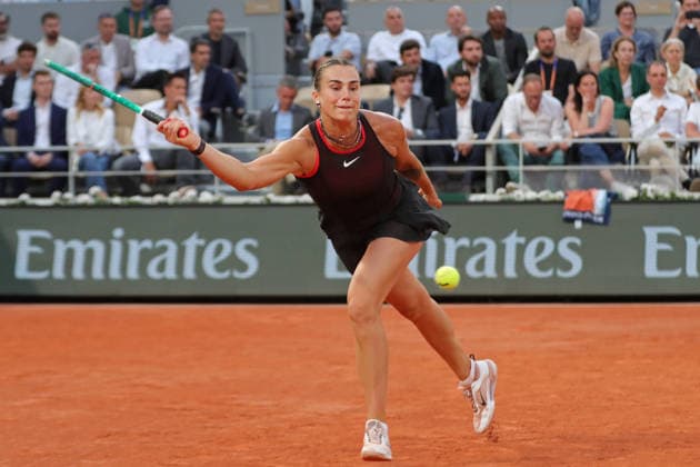 RECORD DATE NOT STATED 1st June 2026; Roland Garros, Paris, France; 2026 French Open Tennis, Day 14; Aryna Sabalenka looking for a forehand drop shot JonxBromley