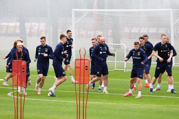 RUSSIA, KHIMKI - JUNE 2, 2026: Players attend a practice session of the Russian national football team at the Novogorsk Training Centre in Khimki, northwest of Moscow. Sergei Savostyanov TASS  93292383
