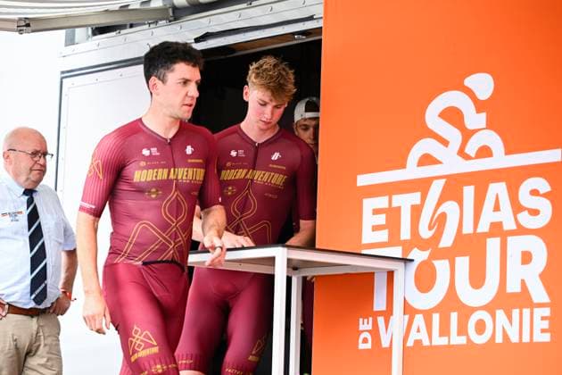 Tour de Wallonie 2026 Stage 2 LIBRAMONT-CHEVIGNY, BELGIUM - JUNE 02 : Team Modern Adventure Pro Cycling on the podium before the start of race during stage 2 of the 47th edition of Ethias Tour de Wallonie an UCI ProSeries 2.Pro cycling road race stage for Men Elite of 192.1 km with start in Jodoigne and finish in Libramont-Chevigny on June 2, 2026 in Libramont-Chevigny, Belgium, 02 06 2026 ( Motordriver Pieter Van Herzele - Libramont-Chevigny Belgium  Copyright: xVincentxKalutx