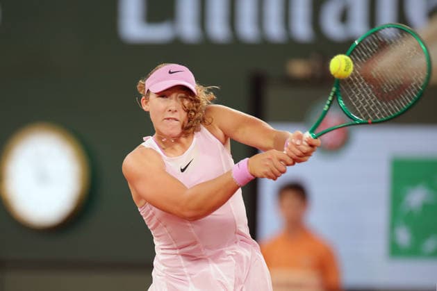 RECORD DATE NOT STATED 2nd June 2026; Roland Garros, Paris, France; 2026 French Open Tennis, Day 15; Mirra Andreeva backhand against Sorana Cirstea (ROU) JonxBromley