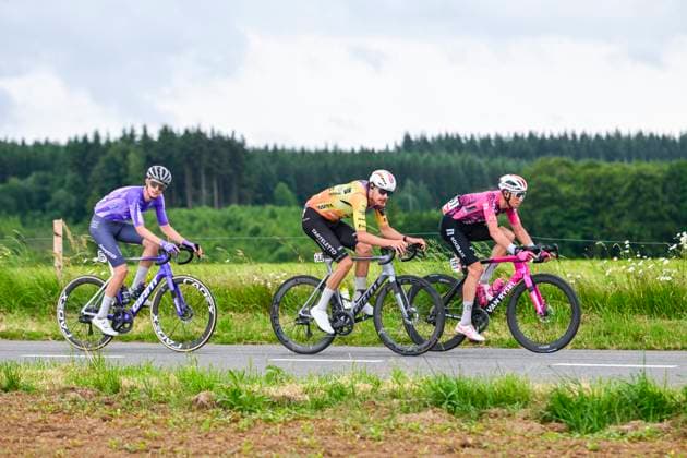Tour de Wallonie 2026 Stage 2 LIBRAMONT-CHEVIGNY, BELGIUM - JUNE 02 : Avoine Kevin (FRA) of Van Rysel Roubaix, Rommelaere Iben (BEL) of Tarteletto - Isorex, Hellemose Asbjorn (DEN) of Team Jayco AlUla in action during stage 2 of the 47th edition of Ethias Tour de Wallonie an UCI ProSeries 2.Pro cycling road race stage for Men Elite of 192.1 km with start in Jodoigne and finish in Libramont-Chevigny on June 2, 2026 in Libramont-Chevigny, Belgium, 02 06 2026 ( Motordriver Pieter Van Herzele - Libramont-Chevigny Belgium  Copyright: xVincentxKalutx
