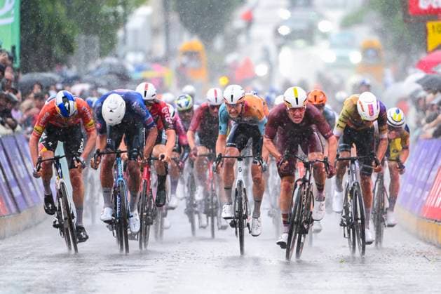 Tour de Wallonie 2026 Stage 2 LIBRAMONT-CHEVIGNY, BELGIUM - JUNE 02 : Sheehan Riley (USA) of NSN Cycling Team, Lauryssen Yorben (BEL) of Tarteletto - Isorex Oliver Ben (NZL) of Modern Adventure Pro Cycling in the final sprint during stage 2 of the 47th edition of Ethias Tour de Wallonie an UCI ProSeries 2.Pro cycling road race stage for Men Elite of 192.1 km with start in Jodoigne and finish in Libramont-Chevigny on June 2, 2026 in Libramont-Chevigny, Belgium, 02 06 2026 ( Motordriver Pieter Van Herzele - Libramont-Chevigny Belgium  Copyright: xVincentxKalutx