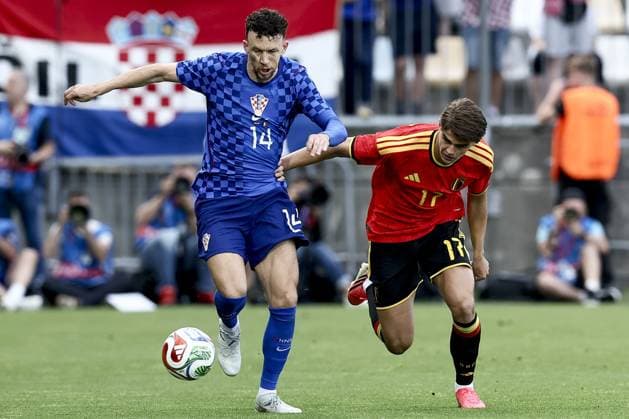 Croatia s Ivan Perisic and Belgium s Charles De Ketelaere fight for the ball during a friendly soccer game between Croatia and Belgian national soccer team Red Devils, in Rijeka, Croatia, on Tuesday 02 June 2026, part of the preparations for the 2026 FIFA World Cup, WM, Weltmeisterschaft, Fussball BRUNOxFAHY  x175752665x