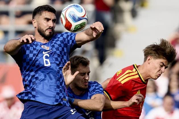 Croatia s Josip Sutalo and Belgium s Charles De Ketelaere fight for the ball during a friendly soccer game between Croatia and Belgian national soccer team Red Devils, in Rijeka, Croatia, on Tuesday 02 June 2026, part of the preparations for the 2026 FIFA World Cup, WM, Weltmeisterschaft, Fussball BRUNOxFAHY  x175753902x