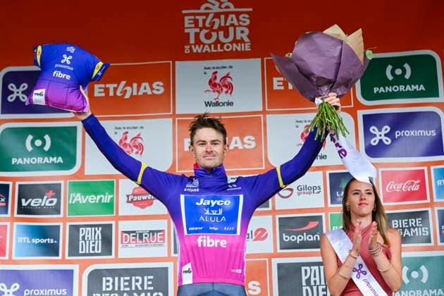 Tour de Wallonie 2026 Stage 2 LIBRAMONT-CHEVIGNY, BELGIUM - JUNE 02 : Hellemose Asbjorn (DEN) of Team Jayco AlUla on the podium during stage 2 of the 47th edition of Ethias Tour de Wallonie an UCI ProSeries 2.Pro cycling road race stage for Men Elite of 192.1 km with start in Jodoigne and finish in Libramont-Chevigny on June 2, 2026 in Libramont-Chevigny, Belgium, 02 06 2026 ( Motordriver Pieter Van Herzele - Libramont-Chevigny Belgium  Copyright: xVincentxKalutx