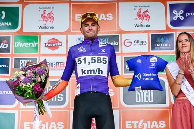 Tour de Wallonie 2026 Stage 2 LIBRAMONT-CHEVIGNY, BELGIUM - JUNE 02 : Lauryssen Yorben (BEL) of Tarteletto - Isorex on the podium during stage 2 of the 47th edition of Ethias Tour de Wallonie an UCI ProSeries 2.Pro cycling road race stage for Men Elite of 192.1 km with start in Jodoigne and finish in Libramont-Chevigny on June 2, 2026 in Libramont-Chevigny, Belgium, 02 06 2026 ( Motordriver Pieter Van Herzele - Libramont-Chevigny Belgium  Copyright: xVincentxKalutx