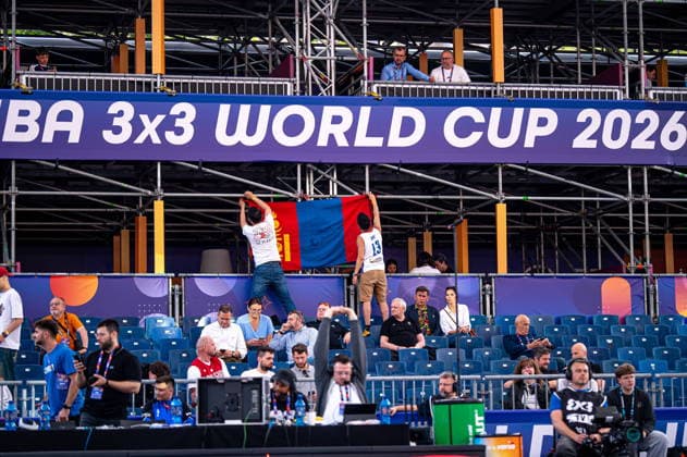 Warszawa 02.06.2026. 3x3 Basketball World Cup Day 2 in Warsaw, Poland. Czech Republic - Mongolia match --- Mistrzostwa Swiata w koszykowce 3x3 Dzien 2 w Warszawie. Mecz Czechy - Mongolia Persons Shown : Mongolian Flag fans Fot. Kai Taller Arena Akcji NEWSPIX.PL --- newspix.pl 