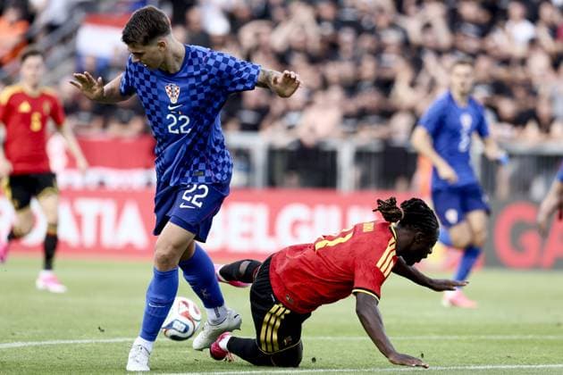 Croatia s Luka Vuskovic and Belgium s Jeremy Doku fight for the ball during a friendly soccer game between Croatia and Belgian national soccer team Red Devils, in Rijeka, Croatia, on Tuesday 02 June 2026, part of the preparations for the 2026 FIFA World Cup, WM, Weltmeisterschaft, Fussball BRUNOxFAHY  x175755727x