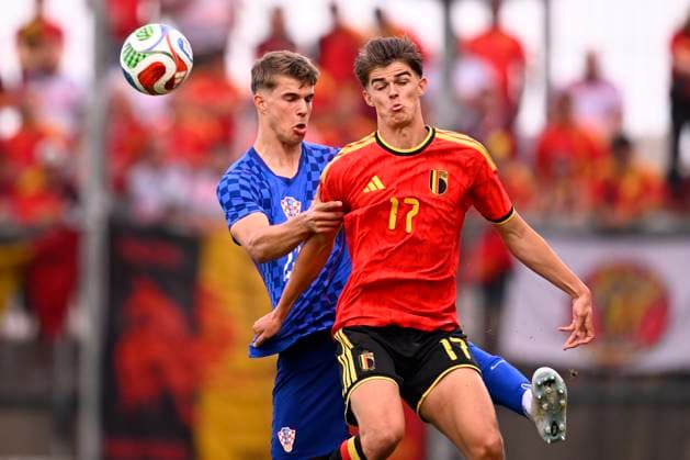 Croatia vs Belgium - friendly match RIJEKA, CROATIA - JUNE 02 : Vuskovic Luka defender of Croatia and De Ketelaere Charles midfielder of Belgium battle for the ball during a friendly match between Croatia and Belgium ahead of the FIFA World Cup, WM, Weltmeisterschaft, Fussball 2026 on June 02, 2026 in Rijeka, Croatia, 02 06 2026 Rijeka Croatia  Copyright: xTomasxSiskx